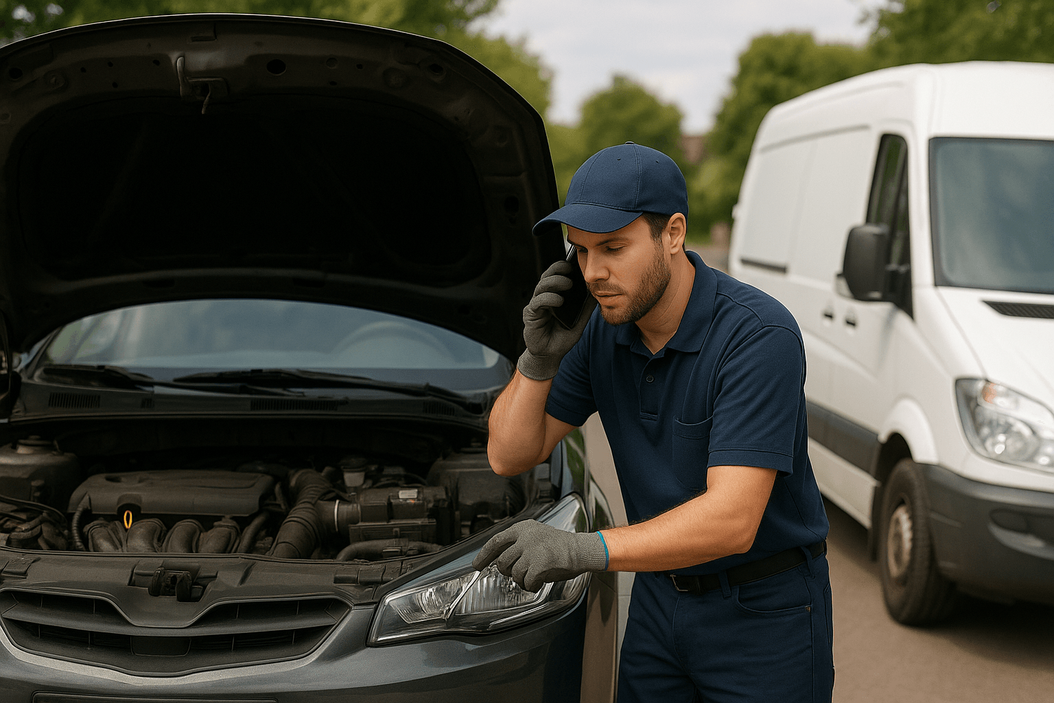 Mobile mechanic in working on a car parked on a suburban street, holding a phone to his ear and using a screwdriver under the hood, with a white service van in the background.