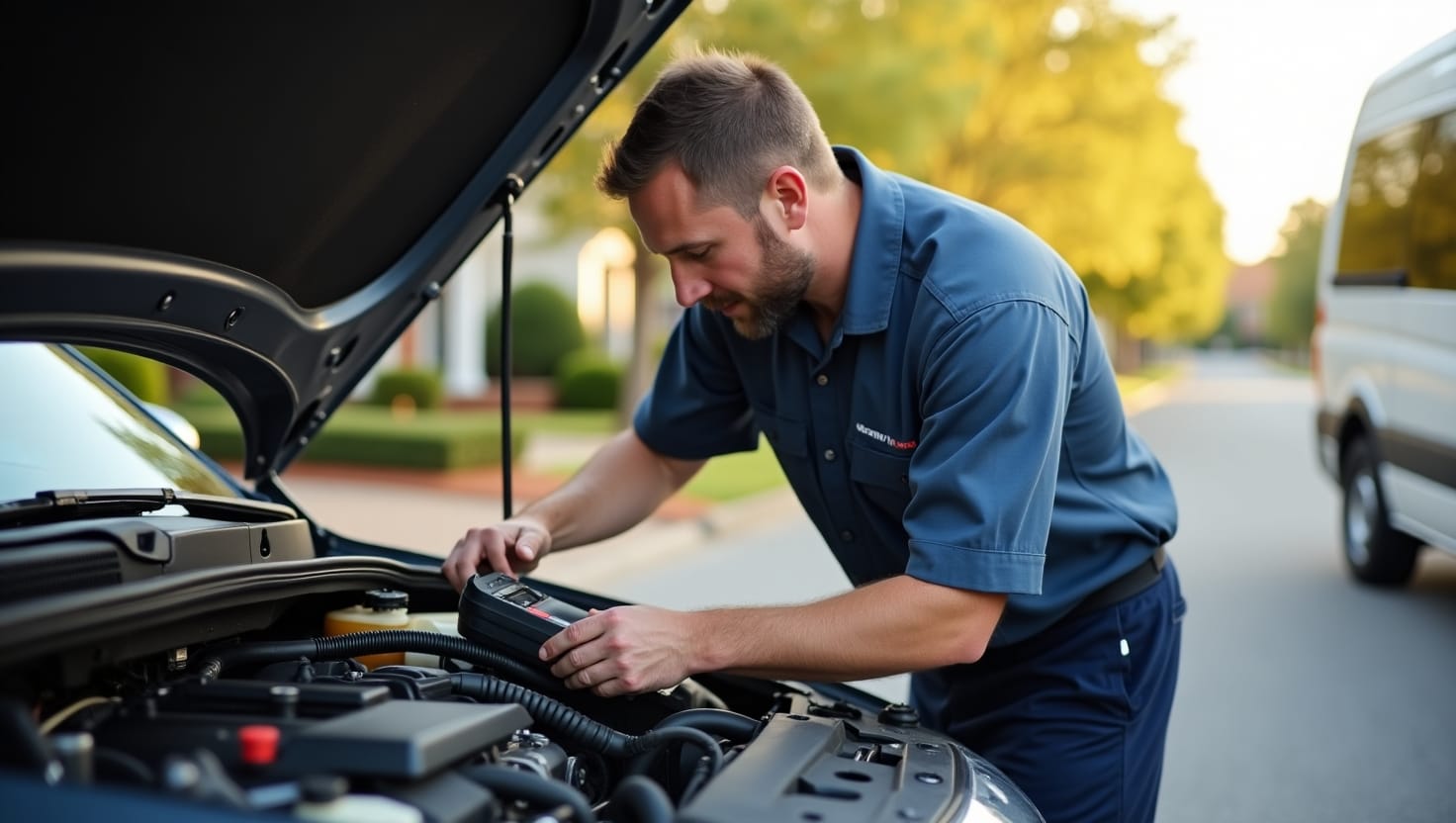 The mechanic wears a uniform and is using diagnostic equipment.