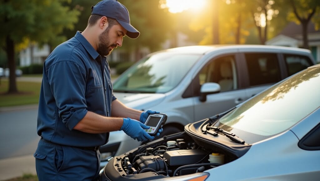 A certified mobile mechanic repairing a car engine on a residential street in Columbia, South Carolina. Sunny weather, trees in the background, with the mechanic’s van parked nearby.